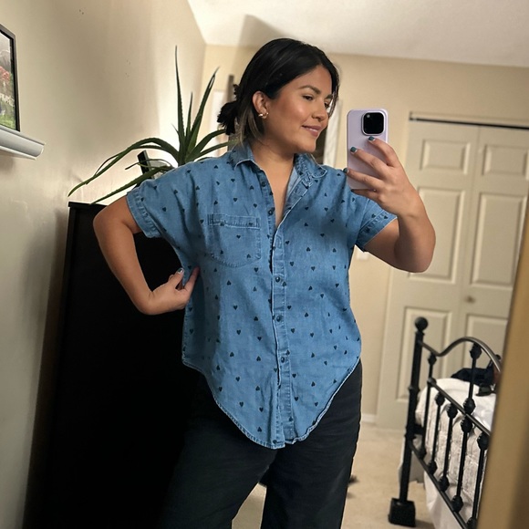 Madewell denim short sleeve tie front shirt heart print size XS extra small - Picture 14 of 14